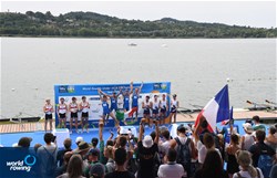 Luca Borgonovo (b), Nicolo' Demiliani, Krystian Adrian Maron, Matteo Tonelli (s), Lightweight Men's Quadruple Sculls, Italy, Gold, Adrian Reinstaedler (b), Tim Streib, Oskar Kroglowski, Yannick Doerr (s), Germany, Silver, Leo - Paul Fiacre (b), Antoine Lefebvre, Louis Pruvost, Clement Mariot (s), France, Bronze, 2022 World Rowing Under 19 & Under 23 Championships, Varese, Italy / Maren Derlien/MyRowingPhoto.com
