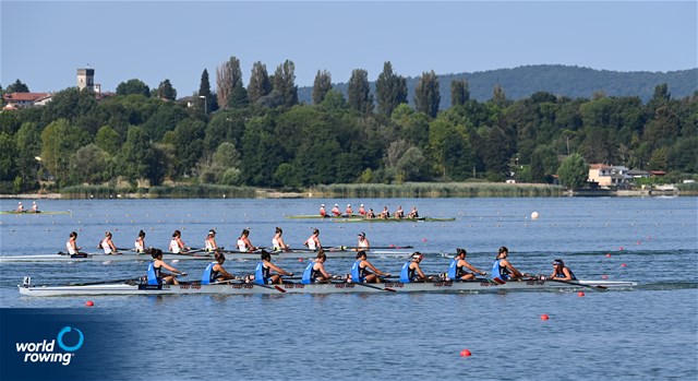 Anna Riccio (b), Federica Chisena, Victoria Gallucci, Giulia Zaffanella, Vittoria Calabrese, Sandra Compagnucci, Marta Orefice, Giulia Orefice (s), Ilaria Colombo (c), Women's Eight, Italy, 2022 World Rowing Under 19 & Under 23 Championships, Varese, Italy / Detlev Seyb/MyRowingPhoto.com