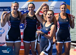 Angela Szabo (b), Greta Filor, Elena Collier-Hezel, Katherine Kelly (s), Caroline Ricksen (c), Women's Coxed Four, United States of America, Bronze, 2022 World Rowing Under 19 & Under 23 Championships, Varese, Italy / Detlev Seyb/MyRowingPhoto.com