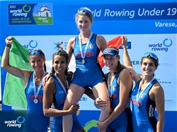 Anna Scolaro (b), Anna Rossi, Khadija Alajdi El Idrissi, Alice Codato (s), Alessandra Faella (c), Women's Coxed Four, Italy, Silver, 2022 World Rowing Under 19 & Under 23 Championships, Varese, Italy / Detlev Seyb/MyRowingPhoto.com