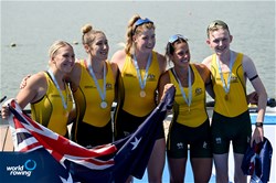 Isabella Scammell (b), Samantha Morton Van Eybergen, Emma Wilson, Emmie Frederico (s), Nicholas Dunlop (c), Women's Coxed Four, Australia, Gold, 2022 World Rowing Under 19 & Under 23 Championships, Varese, Italy / Detlev Seyb/MyRowingPhoto.com
