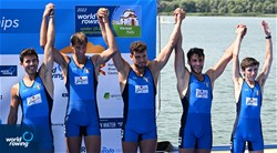 Antonio Zaffiro (b), Aniello Sabbatino, Volodymyr Kuflyk, Ivan Galimberti (s), Filippo Wiesenfeld (c), Men's Coxed Four, Italy, Bronze, 2022 World Rowing Under 19 & Under 23 Championships, Varese, Italy / Detlev Seyb/MyRowingPhoto.com