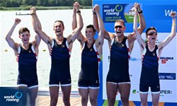 Zachary Vachal (b), Benjamin Dukes, Nathan Phelps, Erik Spinka (s), William Dempsey (c), Men's Coxed Four, United States of America, Silver, 2022 World Rowing Under 19 & Under 23 Championships, Varese, Italy / Detlev Seyb/MyRowingPhoto.com