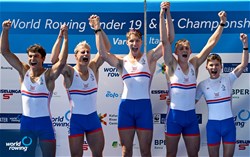 Henry Pearson (b), Robert Prosser, Benjamin Hinves, Bruce Turnell (s), William Denegri (c), Men's Coxed Four, Great Britain, Gold, 2022 World Rowing Under 19 & Under 23 Championships, Varese, Italy / Detlev Seyb/MyRowingPhoto.com