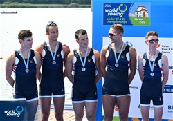 Zachary Vachal (b), Benjamin Dukes, Nathan Phelps, Erik Spinka (s), William Dempsey (c), Men's Coxed Four, United States of America, Silver, 2022 World Rowing Under 19 & Under 23 Championships, Varese, Italy / Detlev Seyb/MyRowingPhoto.com