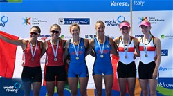 Maria Zerboni (b), Samantha Premerl (s), Lightweight Women's Pair, Italy, Gold, Alessia Palacios (b), Valeria Palacios (s), Peru, Silver, Anna Haendle (b), Cecilia Sommerfeld (s), Germany, Bronze, 2022 World Rowing Under 19 & Under 23 Championships, Varese, Italy / Detlev Seyb/MyRowingPhoto.com