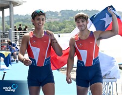 Manuel Fernandez  Antri (b), Rodrigo Paz (s), Lightweight Men's Pair, Chile, Bronze, 2022 World Rowing Under 19 & Under 23 Championships, Varese, Italy / Detlev Seyb/MyRowingPhoto.com