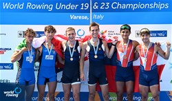 Collin Hay (b), Nathaniel Sass (s), Lightweight Men's Pair, United States of America, Gold, Francesco Bardelli (b), Stefano Pinsone (s), Italy, Silver, Manuel Fernandez  Antri (b), Rodrigo Paz (s), Chile, Bronze, 2022 World Rowing Under 19 & Under 23 Championships, Varese, Italy / Detlev Seyb/MyRowingPhoto.com