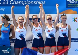 Noemie Sepe (b), Marion Chagnot, Eugenie Bertrand, Ines Boccanfuso (s), Lightweight Women's Quadruple Sculls, France, Bronze, 2022 World Rowing Under 19 & Under 23 Championships, Varese, Italy / Detlev Seyb/MyRowingPhoto.com