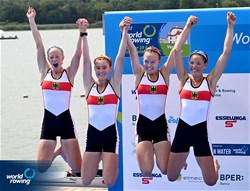 Rieke Hulsen (b), Claire Licht, Finja Lara Rothhardt, Romy Dreher (s), Lightweight Women's Quadruple Sculls, Germany, Silver, 2022 World Rowing Under 19 & Under 23 Championships, Varese, Italy / Detlev Seyb/MyRowingPhoto.com