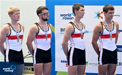 Adrian Reinstaedler (b), Tim Streib, Oskar Kroglowski, Yannick Doerr (s), Lightweight Men's Quadruple Sculls, Germany, Silver, 2022 World Rowing Under 19 & Under 23 Championships, Varese, Italy / Detlev Seyb/MyRowingPhoto.com