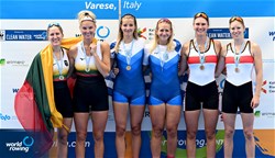 Evangelia Fragkou (b), Christina Ioanna Bourmpou (s), Women's Pair, Greece, Gold, Martyna Kazlauskaite (b), Kamile Kralikaite (s), Lithuania, Silver, Katarina Tkachenko (b), Luisa Schade (s), Germany, Bronze, 2022 World Rowing Under 19 & Under 23 Championships, Varese, Italy / Detlev Seyb/MyRowingPhoto.com