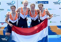 Lisa Bruijnincx (b), Vera Sneijders, Willemijn Mulder, Femke Paulis (s), Women's Quadruple Sculls, Netherlands, Gold, 2022 World Rowing Under 19 & Under 23 Championships, Varese, Italy / Detlev Seyb/MyRowingPhoto.com