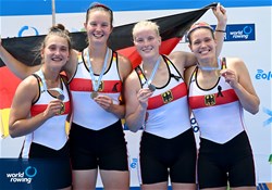 Lena Siekerkotte (b), Johanna Debus, Lena Woelke, Rianne Lagerpusch (s), Women's Quadruple Sculls, Germany, Bronze, 2022 World Rowing Under 19 & Under 23 Championships, Varese, Italy / Detlev Seyb/MyRowingPhoto.com