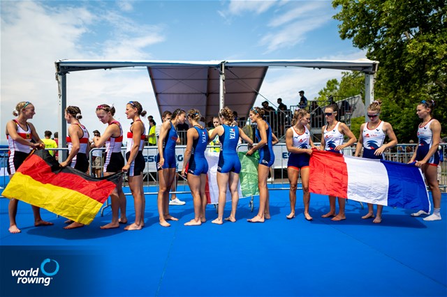 Bianca Saffirio (b), Maria Sole Perugino, Alice Ramella, Sara Borghi (s), Lightweight Women's Quadruple Sculls, Italy, Gold, Rieke Hulsen (b), Claire Licht, Finja Lara Rothhardt, Romy Dreher (s), Germany, Silver, Noemie Sepe (b), Marion Chagnot, Eugenie Bertrand, Ines Boccanfuso (s), France, Bronze, 2022 World Rowing Under 19 & Under 23 Championships, Varese, Italy / World Rowing/Benedict Tufnell