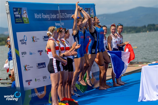 Bianca Saffirio (b), Maria Sole Perugino, Alice Ramella, Sara Borghi (s), Lightweight Women's Quadruple Sculls, Italy, Gold, Rieke Hulsen (b), Claire Licht, Finja Lara Rothhardt, Romy Dreher (s), Germany, Silver, Noemie Sepe (b), Marion Chagnot, Eugenie Bertrand, Ines Boccanfuso (s), France, Bronze, 2022 World Rowing Under 19 & Under 23 Championships, Varese, Italy / World Rowing/Benedict Tufnell