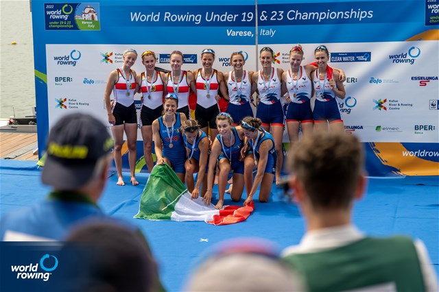 Bianca Saffirio (b), Maria Sole Perugino, Alice Ramella, Sara Borghi (s), Lightweight Women's Quadruple Sculls, Italy, Gold, Rieke Hulsen (b), Claire Licht, Finja Lara Rothhardt, Romy Dreher (s), Germany, Silver, Noemie Sepe (b), Marion Chagnot, Eugenie Bertrand, Ines Boccanfuso (s), France, Bronze, 2022 World Rowing Under 19 & Under 23 Championships, Varese, Italy / World Rowing/Benedict Tufnell