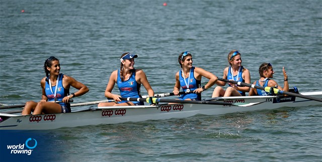 Anna Scolaro (b), Anna Rossi, Khadija Alajdi El Idrissi, Alice Codato (s), Alessandra Faella (c), Women's Coxed Four, Italy, Silver, 2022 World Rowing Under 19 & Under 23 Championships, Varese, Italy / Detlev Seyb/MyRowingPhoto.com