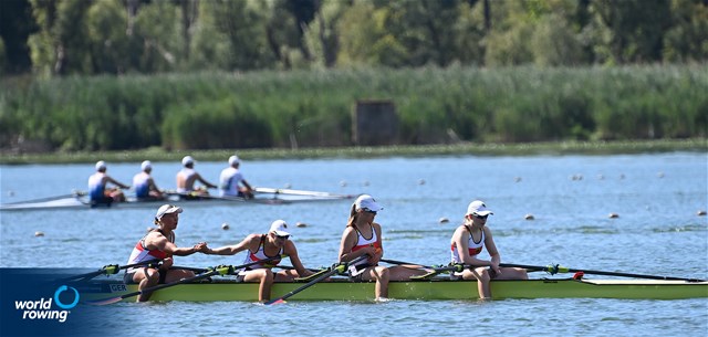 Sandrine Bartos (b), Marlene Zukunft, Lea Berkemeyer, Charlotte Luster (s), Women's Quadruple Sculls, Germany, 2022 World Rowing Under 19 & Under 23 Championships, Varese, Italy / Detlev Seyb/MyRowingPhoto.com