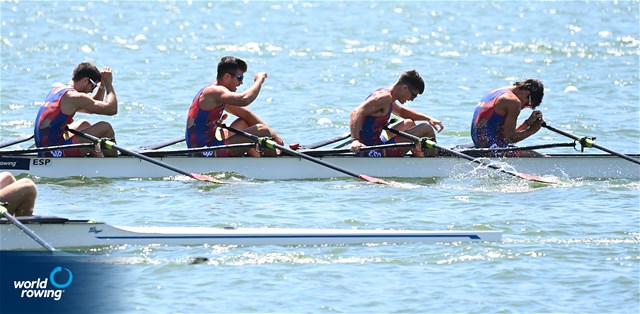 Koxme Burutaran  (b), Ander Martin, Juan Palomino, Pablo Moreno (s), Men's Quadruple Sculls, Spain, 2022 World Rowing Under 19 & Under 23 Championships, Varese, Italy / Detlev Seyb/MyRowingPhoto.com