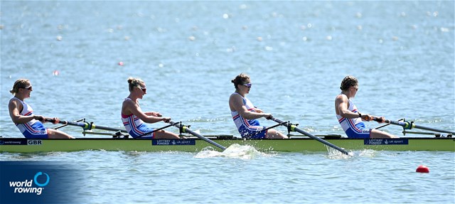 Phoebe Campbell (b), Lauren Carey, Georgina Robinson Ranger, Lettice Cabot (s), Women's Four, Great Britain, 2022 World Rowing Under 19 & Under 23 Championships, Varese, Italy / Detlev Seyb/MyRowingPhoto.com