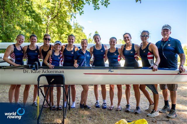 Hannah Heideveld (b), Sophia Hahn, Madison Moore, Camille Vandermeer, Margaret Hedeman, Kathia Nitsch, Azja Czajkowski, Isabella Battistoni (s), Rachel Rane (c), Women's Eight, United States of America, 2022 World Rowing Under 19 & Under 23 Championships, Varese, Italy / World Rowing/Benedict Tufnell