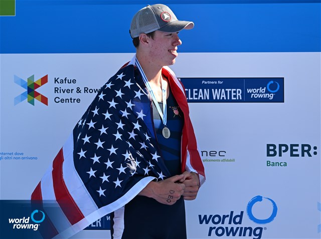 Isaiah Harrison, Men's Single Sculls, United States of America, Silver, 2022 World Rowing Under 19 & Under 23 Championships, Varese, Italy / Detlev Seyb/MyRowingPhoto.com