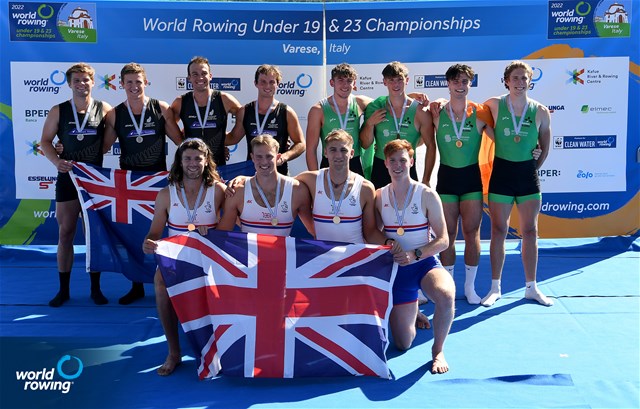 Theodore Darlow (b), Miles Beeson, Calvin Tarczy, Douwe De Graaf (s), Men's Four, Great Britain, Gold, Angus Gilbert (b), Logan Ullrich, Campbell Crouch, Flynn Eliadis-Watson (s), New Zealand, Silver, Adam Murphy (b), Nathan Timoney, Andrew Sheehan, John Kearney (s), Ireland, Bronze, 2022 World Rowing Under 19 & Under 23 Championships, Varese, Italy / Detlev Seyb/MyRowingPhoto.com