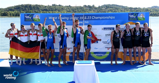 Nicolo Bizzozero (b), Leonardo Tedoldi, Matteo Sartori, Andrea Pazzagli (s), Men's Quadruple Sculls, Italy, Gold, Tom Granitz (b), Paul Berghoff, Oliver Holtz, Alexander Finger (s), Germany, Silver, Jack Ready (b), Ben Olifiers, Jonte Wright, Benjamin Mason (s), New Zealand, Bronze, 2022 World Rowing Under 19 & Under 23 Championships, Varese, Italy / Detlev Seyb/MyRowingPhoto.com