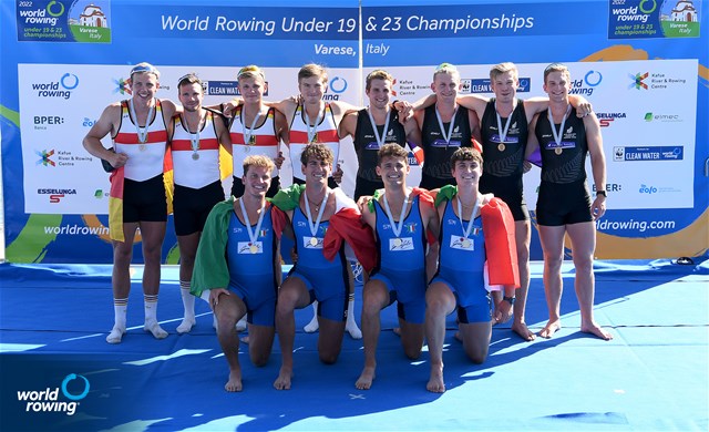 Nicolo Bizzozero (b), Leonardo Tedoldi, Matteo Sartori, Andrea Pazzagli (s), Men's Quadruple Sculls, Italy, Gold, Tom Granitz (b), Paul Berghoff, Oliver Holtz, Alexander Finger (s), Germany, Silver, Jack Ready (b), Ben Olifiers, Jonte Wright, Benjamin Mason (s), New Zealand, Bronze, 2022 World Rowing Under 19 & Under 23 Championships, Varese, Italy / Detlev Seyb/MyRowingPhoto.com