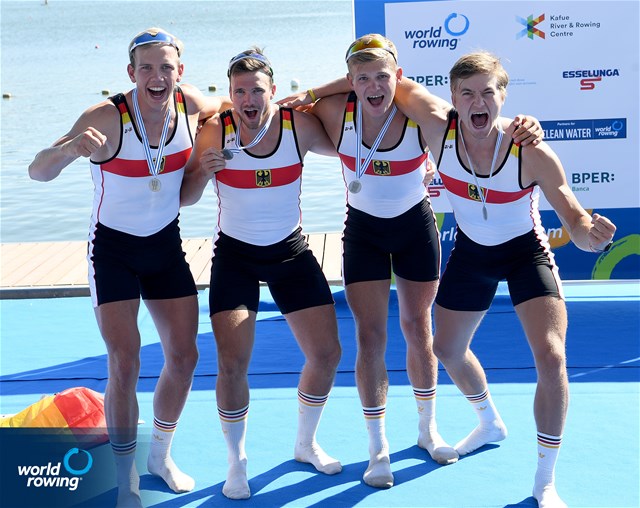 Tom Granitz (b), Paul Berghoff, Oliver Holtz, Alexander Finger (s), Men's Quadruple Sculls, Germany, Silver, 2022 World Rowing Under 19 & Under 23 Championships, Varese, Italy / Detlev Seyb/MyRowingPhoto.com