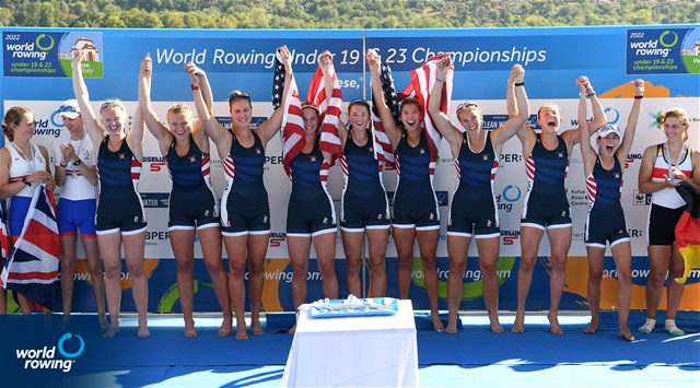 Hannah Heideveld (b), Sophia Hahn, Madison Moore, Camille Vandermeer, Margaret Hedeman, Kathia Nitsch, Azja Czajkowski, Isabella Battistoni (s), Rachel Rane (c), Women's Eight, United States of America, Gold, 2022 World Rowing Under 19 & Under 23 Championships, Varese, Italy / Detlev Seyb/MyRowingPhoto.com