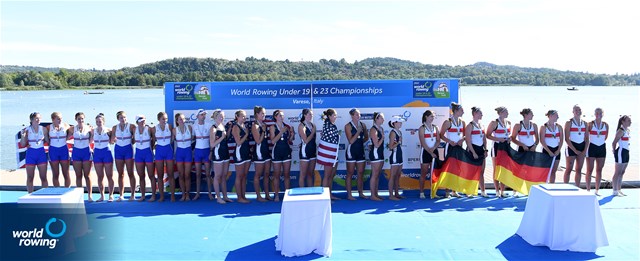 Hannah Heideveld (b), Sophia Hahn, Madison Moore, Camille Vandermeer, Margaret Hedeman, Kathia Nitsch, Azja Czajkowski, Isabella Battistoni (s), Rachel Rane (c), Women's Eight, United States of America, Gold, Abigail Topp (b), Phoebe Snowden, Hannah Medcalf, Natasha Morrice, Katharine Kalap, Zoe Scheske, Daisy Bellamy, Elizabeth Witt (s), Sam Shuker (c), Great Britain, Silver, Tori Schwerin (b), Paula Gerundt, Emilia Fritz, Olivia Clotten, Luise Bachmann, Maike Boettcher, Lene Muehrs, Anni Koetitz (s), Annalena Fisch (c), Germany, Bronze, 2022 World Rowing Under 19 & Under 23 Championships, Varese, Italy / Detlev Seyb/MyRowingPhoto.com