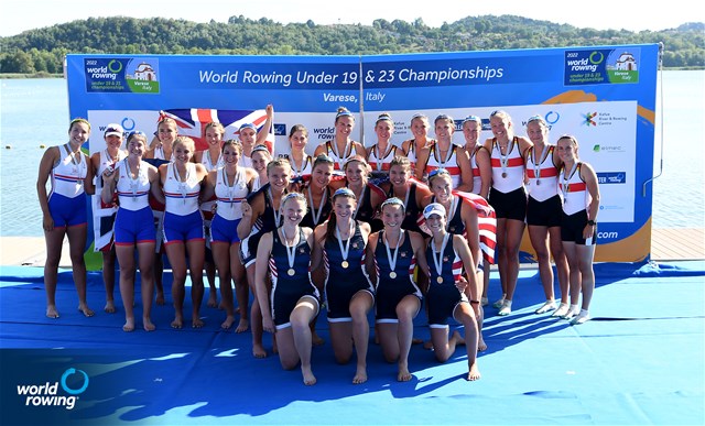 Hannah Heideveld (b), Sophia Hahn, Madison Moore, Camille Vandermeer, Margaret Hedeman, Kathia Nitsch, Azja Czajkowski, Isabella Battistoni (s), Rachel Rane (c), Women's Eight, United States of America, Gold, Abigail Topp (b), Phoebe Snowden, Hannah Medcalf, Natasha Morrice, Katharine Kalap, Zoe Scheske, Daisy Bellamy, Elizabeth Witt (s), Sam Shuker (c), Great Britain, Silver, Tori Schwerin (b), Paula Gerundt, Emilia Fritz, Olivia Clotten, Luise Bachmann, Maike Boettcher, Lene Muehrs, Anni Koetitz (s), Annalena Fisch (c), Germany, Bronze, 2022 World Rowing Under 19 & Under 23 Championships, Varese, Italy / Detlev Seyb/MyRowingPhoto.com