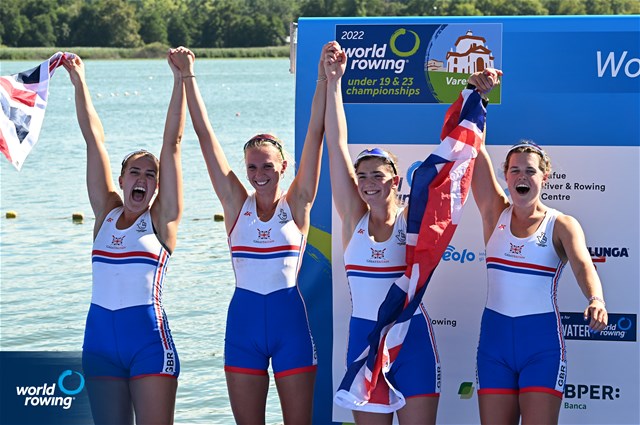 Phoebe Campbell (b), Lauren Carey, Georgina Robinson Ranger, Lettice Cabot (s), Women's Four, Great Britain, Silver, 2022 World Rowing Under 19 & Under 23 Championships, Varese, Italy / Detlev Seyb/MyRowingPhoto.com