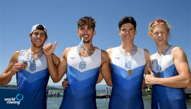 Panagiotis Adam (b), Apostolos Lykomitros, Nikolaos Cholopoulos, Dimitrios Papazoglou (s), Men's Quadruple Sculls, Greece, Bronze, 2022 World Rowing Under 19 & Under 23 Championships, Varese, Italy / Maren Derlien/MyRowingPhoto.com