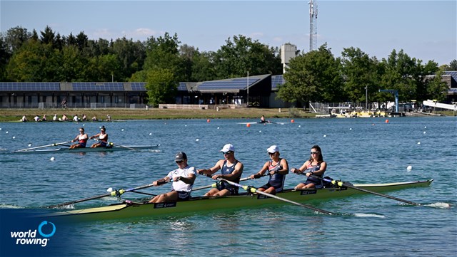 Francesca Allen (b), Giedre Rakauskaite, Edward Fuller, Oliver Stanhope (s), Erin Kennedy (c), PR3 Mixed coxed four , Great Britain, 2022 European Rowing Championships, Munich, Germany / Detlev Seyb/MyRowingPhoto.com