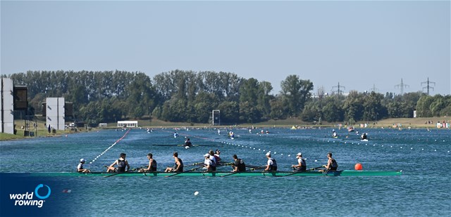 Olaf Roggensack (b), Jasper Angl, Julian Garth, Laurits Follert, Benedict Eggeling, Torben Johannesen, Wolf-Niclas Schroeder, Mattes Schoenherr (s), Jonas Wiesen (c), Men's Eight, Germany, 2022 European Rowing Championships, Munich, Germany / Detlev Seyb/MyRowingPhoto.com