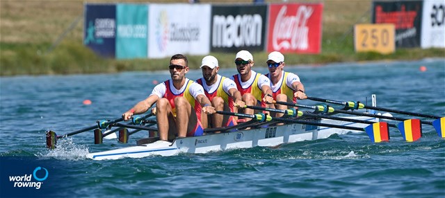 Mihai Chiruta (b), Ciprian Tudosa, Ioan Prundeanu, Marian Enache (s), Men's Quadruple Sculls, Romania, 2022 European Rowing Championships, Munich, Germany / Detlev Seyb/MyRowingPhoto.com