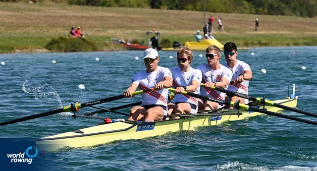 Ole Amund Storlien (b), Petter Myhre Tufte, Andreas Erichsen Berge, Mathias Foyner Wie (s), Men's Four, Norway, 2022 European Rowing Championships, Munich, Germany / Detlev Seyb/MyRowingPhoto.com