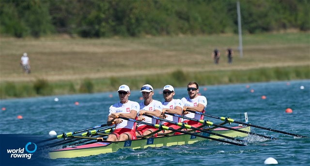 Dominik Czaja (b), Mateusz Biskup, Miroslaw Zietarski, Fabian Baranski (s), Men's Quadruple Sculls, Poland, 2022 European Rowing Championships, Munich, Germany / Detlev Seyb/MyRowingPhoto.com