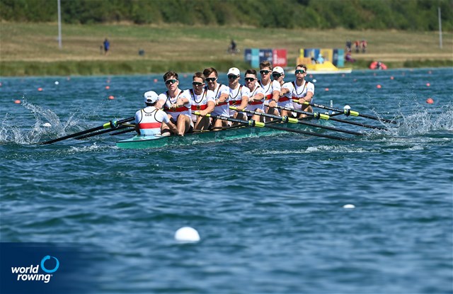 Olaf Roggensack (b), Jasper Angl, Julian Garth, Laurits Follert, Benedict Eggeling, Torben Johannesen, Wolf-Niclas Schroeder, Mattes Schoenherr (s), Jonas Wiesen (c), Men's Eight, Germany, 2022 European Rowing Championships, Munich, Germany / Detlev Seyb/MyRowingPhoto.com