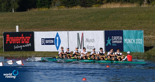 Olaf Roggensack (b), Jasper Angl, Julian Garth, Laurits Follert, Benedict Eggeling, Torben Johannesen, Wolf-Niclas Schroeder, Mattes Schoenherr (s), Jonas Wiesen (c), Men's Eight, Germany, 2022 European Rowing Championships, Munich, Germany / Detlev Seyb/MyRowingPhoto.com