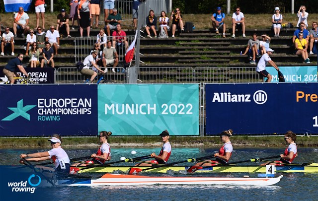 Celia Dupre (b), Salome Ulrich, Lisa Loetscher, Pascale Walker (s), Women's Quadruple Sculls, Switzerland, 2022 European Rowing Championships, Munich, Germany / Detlev Seyb/MyRowingPhoto.com