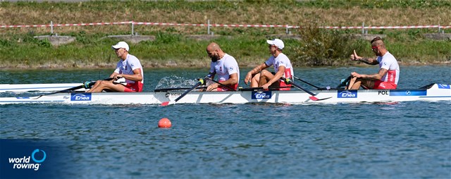 Lukasz Posylajka (b), Piotr Juszczak, Mikolaj Burda, Mateusz Wilangowski (s), Men's Four, Poland, 2022 European Rowing Championships, Munich, Germany / Detlev Seyb/MyRowingPhoto.com