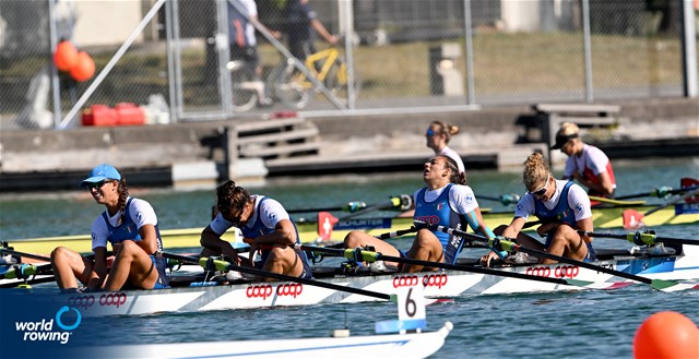 Valentina Iseppi (b), Alessandra Montesano, Clara Guerra, Chiara Ondoli (s), Women's Quadruple Sculls, Italy, 2022 European Rowing Championships, Munich, Germany / Detlev Seyb/MyRowingPhoto.com