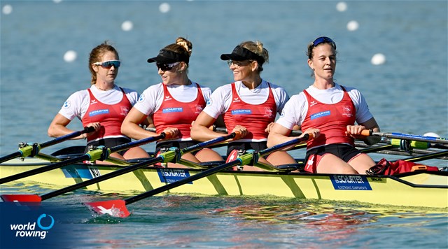 Celia Dupre (b), Salome Ulrich, Lisa Loetscher, Pascale Walker (s), Women's Quadruple Sculls, Switzerland, 2022 European Rowing Championships, Munich, Germany / Detlev Seyb/MyRowingPhoto.com