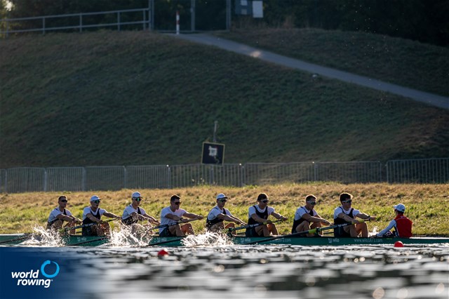 Olaf Roggensack (b), Jasper Angl, Julian Garth, Laurits Follert, Benedict Eggeling, Torben Johannesen, Wolf-Niclas Schroeder, Mattes Schoenherr (s), Jonas Wiesen (c), Men's Eight, Germany, 2022 European Rowing Championships, Munich, Germany / World Rowing/Benedict Tufnell