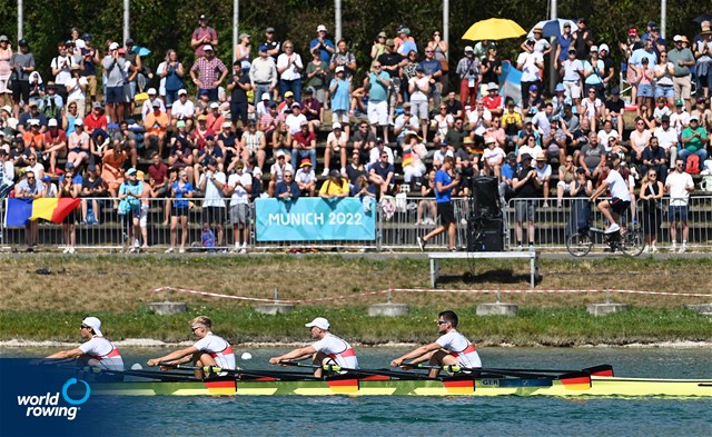 Simon Klueter (b), Johannes Ursprung, Fabio Kress, Joachim Agne (s), Lightweight Men's Quadruple Sculls, Germany, 2022 European Rowing Championships, Munich, Germany / Detlev Seyb/MyRowingPhoto.com
