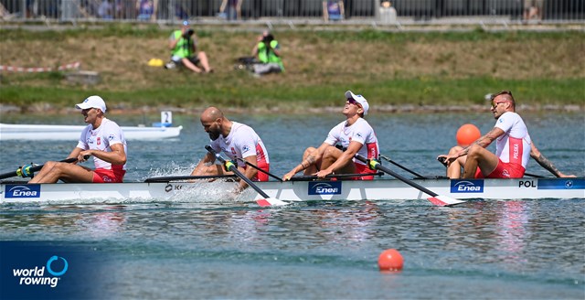 Lukasz Posylajka (b), Piotr Juszczak, Mikolaj Burda, Mateusz Wilangowski (s), Men's Four, Poland, 2022 European Rowing Championships, Munich, Germany / Detlev Seyb/MyRowingPhoto.com